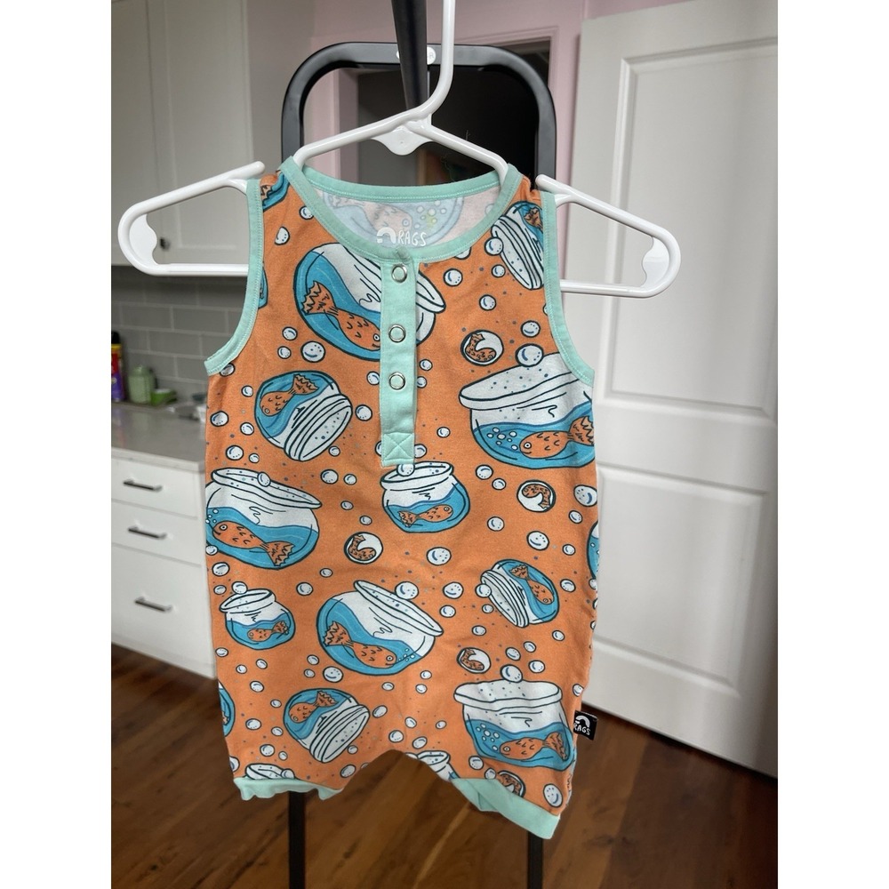RAGS Fish Print One-Piece Romper Sleeveless Button Round Neck 6-12M Orange/Blue